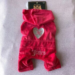 Juicy Couture terry dog tracksuit velour Red rhinestone Jumpsuit w/ Hood